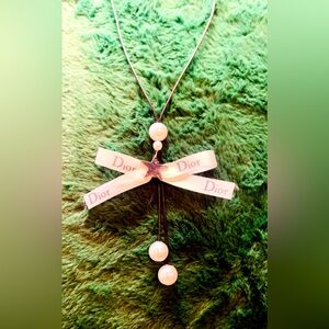 Adorable Repurposed Dior Logo Bow Pearl Dangle Black cord Necklace